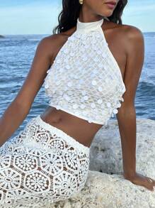 Opulessa Appliques Backless Crop Halter Top, White Top, Going Out, Wedding Clothes, Business Casual Woman Style,Concert, Party, Club Outfits, Fall Women Clothes ,Chic Top - White - View 9