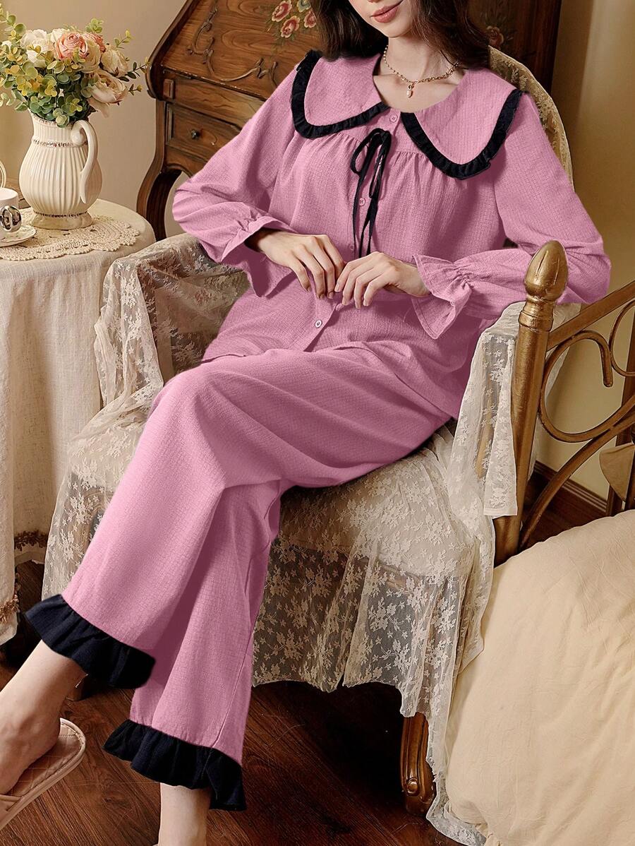 Bubble Crinkle Colorblock Cardigan And Pants Ladies Loungewear Set Holiday Season - Pink - View 1