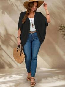 SHEIN CURVE+ Chaqueta casual de talla grande con mangas de murciélago, bajo asimétrico y unicolor, para vacaciones en primavera/verano y otoño/invierno - Negro - Ver 4