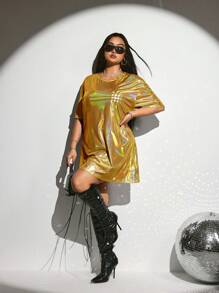 SHEIN ICON Plus Size Laser Print Music Festival T-Shirt Dress, Loose Laser Music Festival Party T-Shirt Dress - Yellow - View 5
