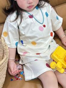 DAZY Toddler Girls' Polka Dot Oversized Knit Short Sleeve Loungewear - Beige - View 5