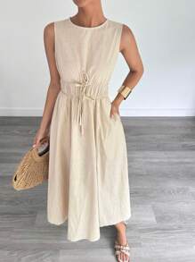 Siren Gaze Vestido sin mangas de línea A de algodón y lino para mujeres, para primavera/verano