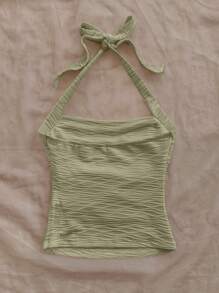 Soleia 1 pieza Top ajustado de punto texturizado blanco con corbata en el cuello para mujer de resort