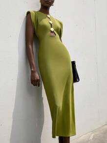 Aveloria Modichic 女式镂空金属扣腰部夸张肩部连衣裙 - 綠色 - 查看 3