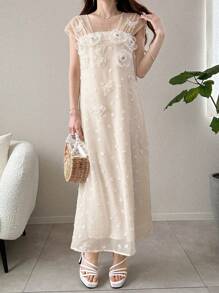 FRIFUL Women's Holiday Splicing Chiffon Mesh Strap Rose Flower Decor Straight Hem 2 In 1 Sweet Cream Yellow Long Dress, Ladies Summer Outfit, Graduation Dress, Wedding Guest Dress