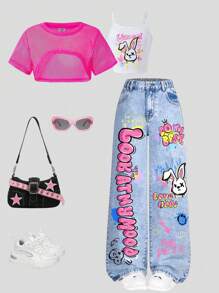 SHEIN Tween Girls Y2K 风格复古水洗效果涂鸦文字和熊图案休闲百搭百搭宽松直筒牛仔裤，街头时尚日常穿着