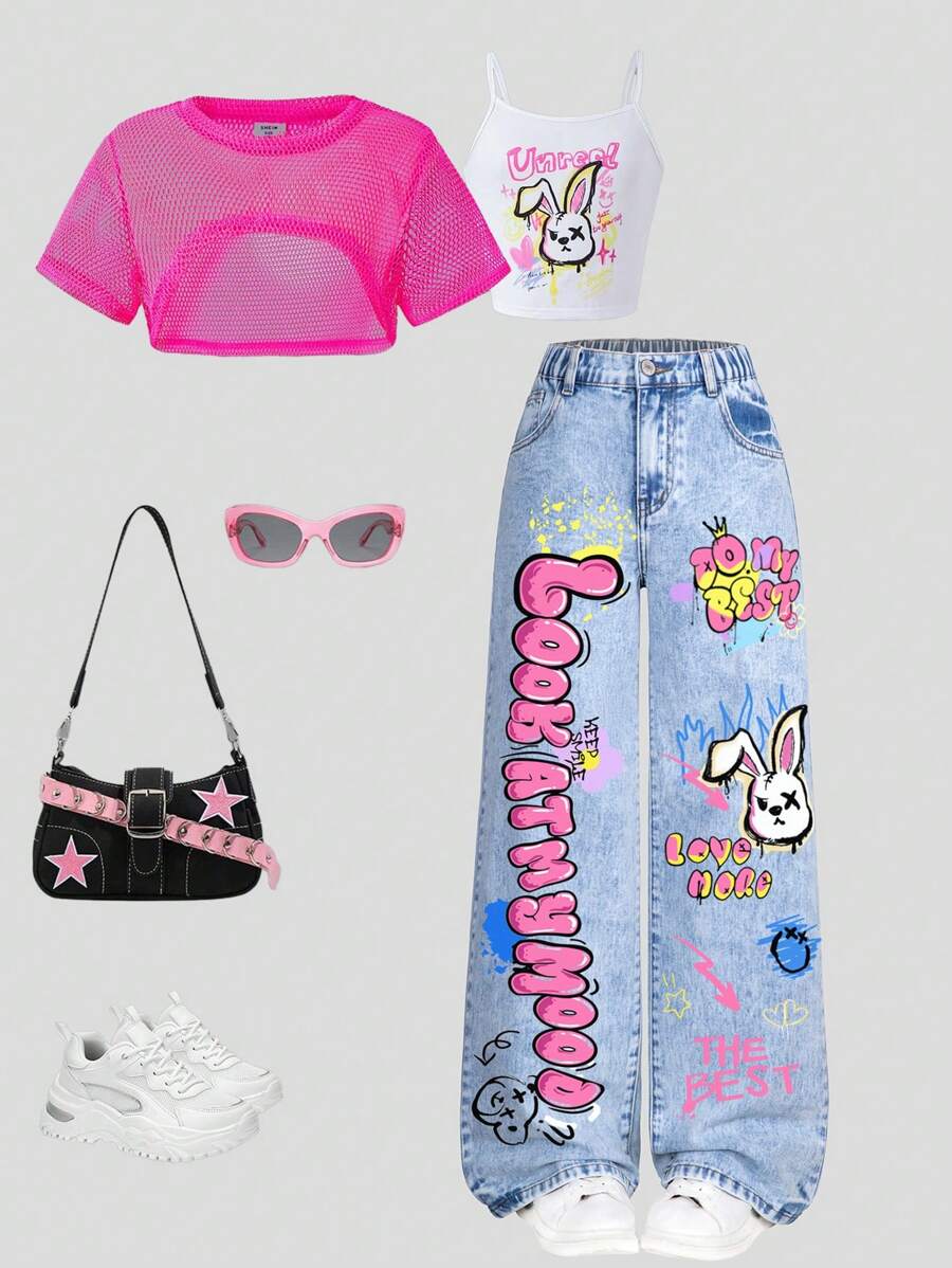 SHEIN Tween Girls Y2K 风格复古水洗效果涂鸦文字和熊图案休闲百搭百搭宽松直筒牛仔裤，街头时尚日常穿着