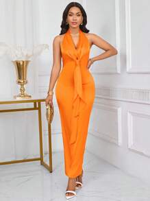 SHEIN Unity Women Sleeveless Halter Backless Long Dress, Solid Color For Summer - Orange - View 1