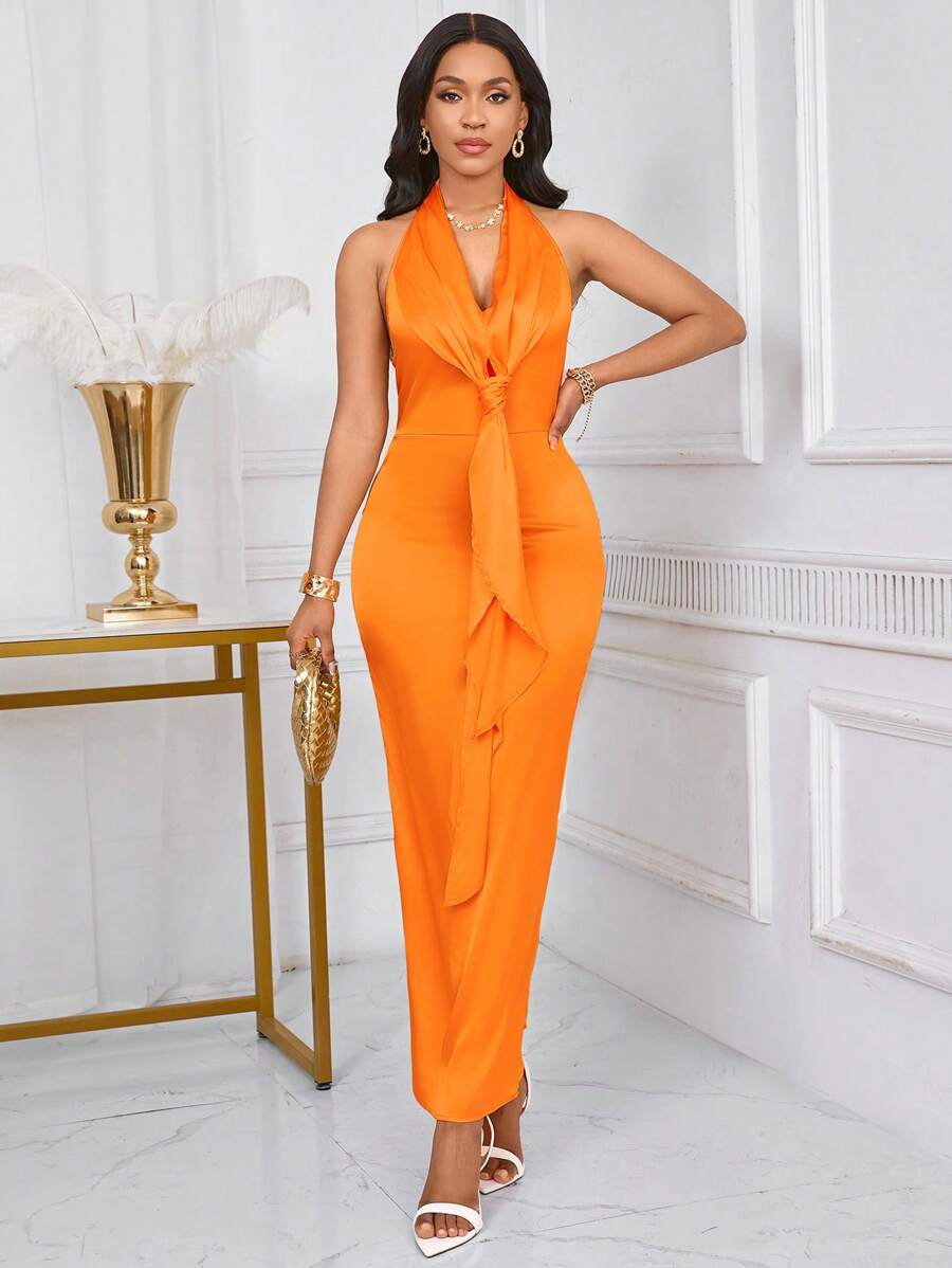 SHEIN Unity Women Sleeveless Halter Backless Long Dress, Solid Color For Summer - Orange - View 1
