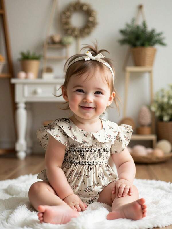 Vintaside Kids Babygirl Baby Girl Summer Fashion Korean Collar Ditsy Floral Cap Sleeve Bodysuit, Perfect For Vacation, Friends Gathering, And Leisure, Simple Design Maintains Comfort And Style