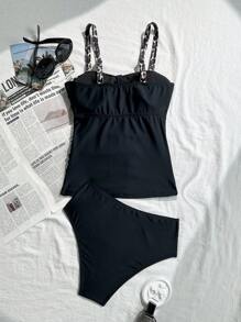 Swim Lushoire 可调节肩带花朵和豹纹拼接荷叶边黑色三角形比基尼泳装两件套，成熟女性风格 - 彩色 - 查看 7