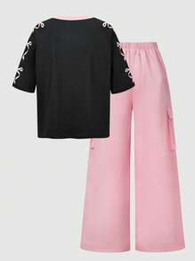 SHEIN 2pcs Tween Girls American Style Patchwork Short Sleeve Graphic Tee And Cargo Pants Outfit Set