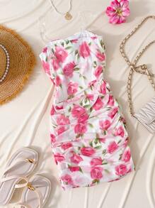WESTFADE Young Abito da donna ragazza casual ed elegante da vacanza, vestito a balza con cintura in vita, stampa floreale rosa su rete, aderente, mini con fiocco, adatto per scuola, uscite, vacanze, primavera/estate