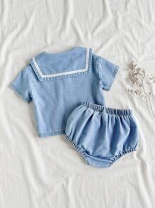 SHEIN Vintaside Kids Conjunto de top de denim de manga corta y parte inferior triangular casual de verano para niña, adecuado para uso casual en el hogar, actividades al aire libre y vacaciones