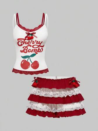 Kawaii Ensemble décontracté à 2 pièces pour femmes et filles, composé d'un Top avec col en dentelle à fleurs de cerise et bretelles spaghetti, et de shorts à volants superposés