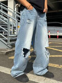 DAZY Distressed Vintage Wash Blue Men's Ripped Denim Jeans, Spring/Summer Fall, Winter - Blue - View 7