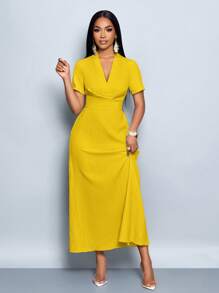 SOLERSUN Solid Color Deep V-Neck Short Sleeve Elegant Office/Commute Dress, Summer - Mustard Yellow - View 6
