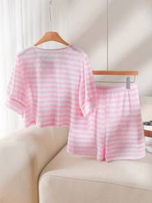 CosyJoli Set casual da 2 pezzi, composto da top a maniche corte a righe e pantaloncini taglie forti, adatto per l'estate - Rosa - Visualizzare 2