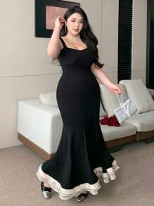 Dazy Plus Plus Size Women Color Block Wrap Front Bow Decor Cami Dress Women Dresses Birthday,Formal Women Dresses - Black - View 7