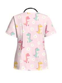 PopScrub Cartoon Dinosaur Pattern Casual Minimalist /Nursing Scrub Uniform Set - Multicolor - View 2