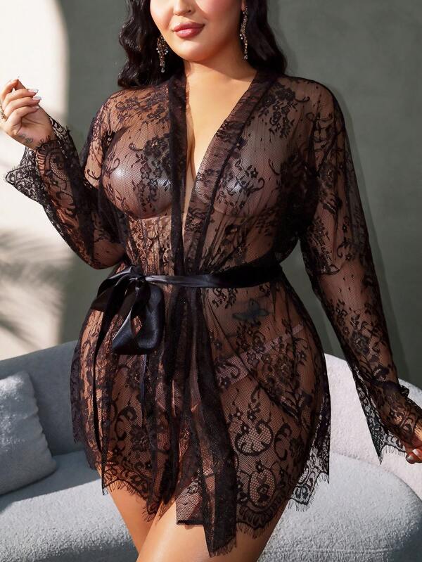 SHEIN 2pcs/Set Plus Size Women Floral Lace Long Sleeve Lingerie Set