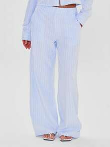 MUSERA Tailored Mid Rise Pinstripe Straight Leg Trousers Elegant Professional Business Casual Vacation Fall Winter Autumn Work Office Old Money Date Night Going Out Back To School Wedding Guest Suit Cute Everyday Capsule Wardrobe Spring Holiday - Baby Blue - View 3