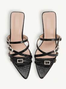 CUCCOO CHICEST 夏季新款女士高跟凉鞋，水钻扣带尖头细高跟鞋，优雅奢华浪漫性感黑色仿蜥蜴皮正装鞋，适合派对、约会、时尚活动 - 黑色 - 查看 4