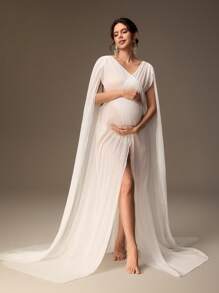 SHEIN Vestido de maternidad elegante de unicolor con cuello en V y envolvente para sesión de fotos de maternidad - Blanco - Ver 7