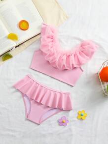 Young Girl Sweet And Cute Mesh Splicing Bikini Set,Ruffled Two-Piece Swimsuit - Pink - View 3