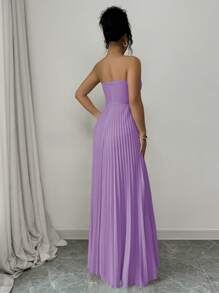 Elenzga Women's Elegant Romantic Bandeau Waist A-Line Pleated Dress - Mauve Purple - View 2