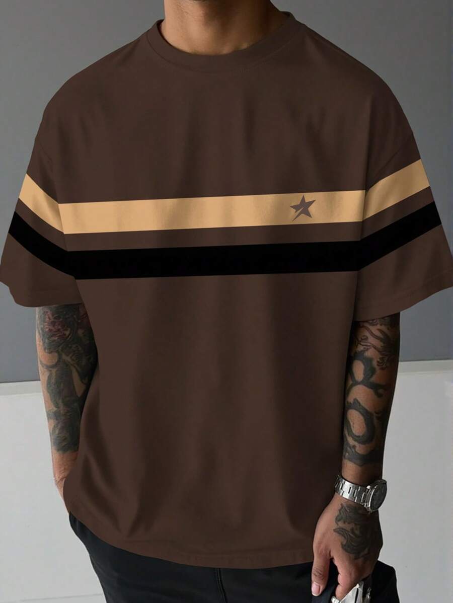 Manfinity Homme 大码男式拼色条纹印花圆领短袖 T 恤，夏季 - 彩色 - 查看 1