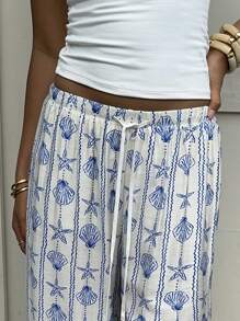 Aloruh Quần ống đứng in họa tiết sọc cạp thấp thanh lịch dành cho nữ, đa năng cho mùa xuân và mùa hè - Xanh và trắng - Xem 7