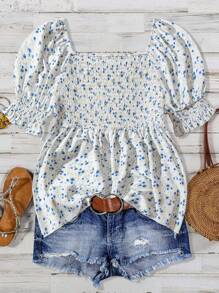 Linhara Plus Size Women Floral Print Puff Sleeve Ruffle Collar Babydoll Blouse