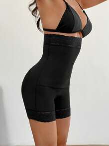 SHEIN EZwear High Waist Tummy Control Pants With Floral Hem And Zipper - Black - View 4