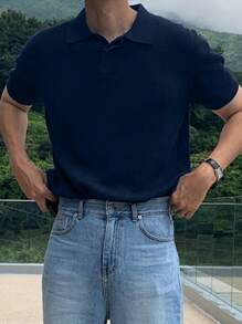 DAZY Men's Half-Zip Solid Navy Blue Knitted Sweater, Summer - Navy Blue - View 5