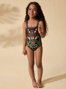 SHEIN Young Girl Cute Floral Print Sleeveless One-Piece Swimsuit For Summer - Multicolor - View 5