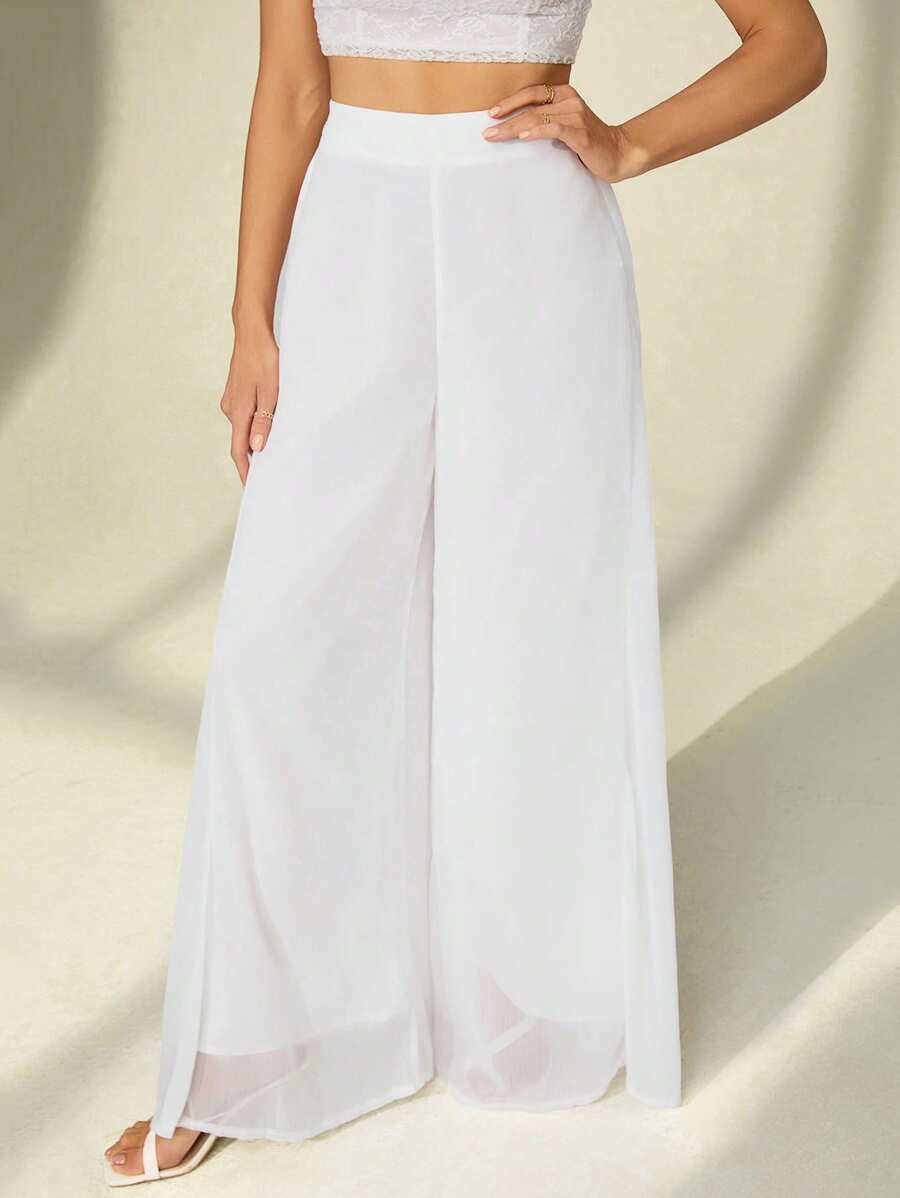 SHEIN Tall 纯色宽松优雅休闲阔腿长裤 - 白色 - 查看 1