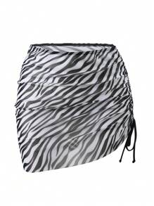 Swim Vcay Women's Zebra Print Drawstring Cover Up Skirt, Random Printed Design For Summer Beach Vacation - Black - View 3