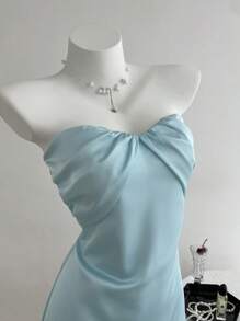 SHEIN Unity Mature Graceful Solid Color Silk-Like Satin Fitted Pleated Bandeau Women Dress - Blue - View 1