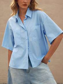 Lumivelle Fashionable Blue Short Sleeve Simple Pocket & Turn-Down Collar Women Blouse - Blue - View 9