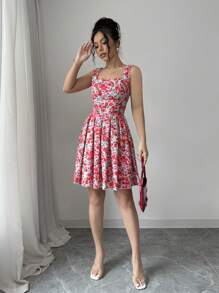 SHEIN PETITE Women's Romantic Holiday A-Line Ruffled Floral Print Spaghetti Strap Dress, Suitable For Vacation And Spring - Multicolor - View 3