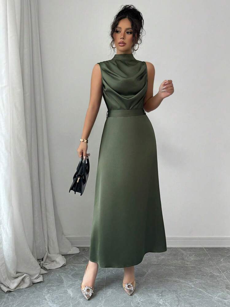 SHEIN PETITE Women Summer Elegant Olive Green Autumn Dress,Satin Texture Smocked Design Small Stand-Up Collar Sleeveless Fitted Waist Wide Hem Long Aniversary Gown ,Petite Women