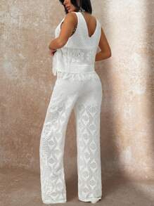 EURMUSE Open Front Crochet Cover-Up 2 Pieces Set - Beige - View 2