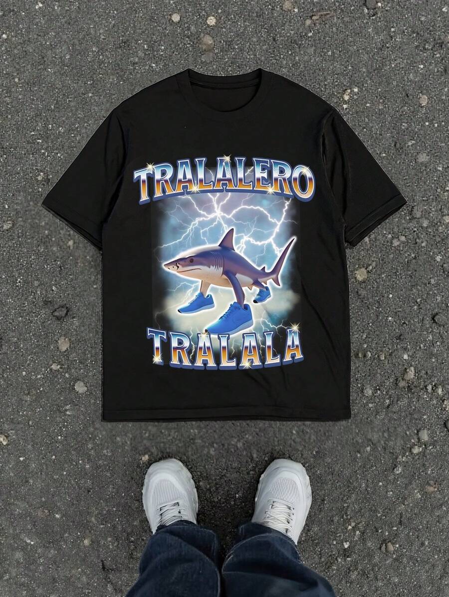 Manfinity Dauomo Men's Regular Tralalero Tralala Interesting Gen Alpha Shark Meme Graphic T-Shirt, Casual American Minimalist Style Short Sleeve Round Neck English Slogan Print Tee