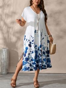 EMERY ROSE Ombre Watercolor Floral Print V-Neck Short Sleeve Plus Size Maxi Dress