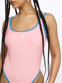 SUMWON WOMEN Classic Scoop Neck One Piece Swimsuit With Contrast Binding High Cut Leg Retro Style Spring Summer Beach Pool Vacation Swimwear - Dusty Pink - View 6