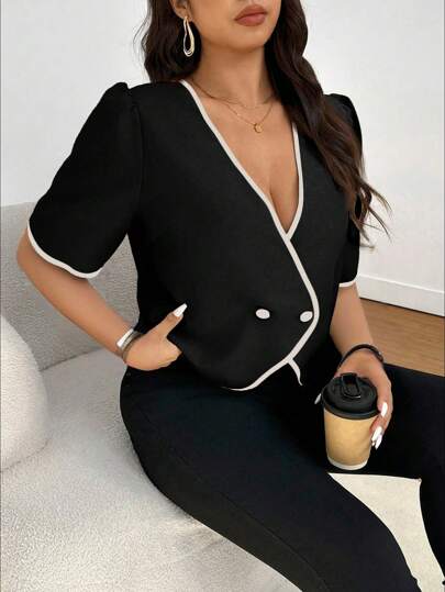 Elaquor Plus Size Contrast Trim Short Sleeve Jacket, Fashionable For Summer,Business Casual Woman In Fall/Winter