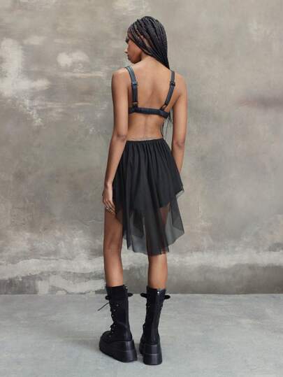 Grunge Punk Vestido deslizante de estilo punk electrónico con espalda abierta calada, minivestido para mujer