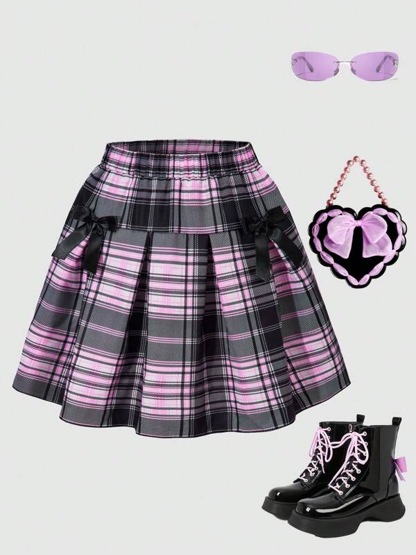 SHEIN Tween Girls Plaid Skirt With Bow Decoration