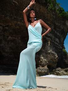 Opulessa 夏季海滩海洋风平纹梭织女式细肩带超长连衣裙